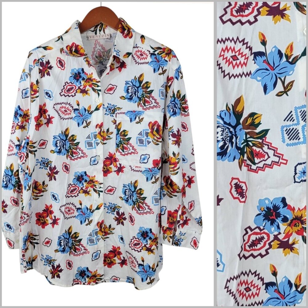 Vintage Button Up Top Plus 2X 3X Aztec Floral Rose Alt Grunge Southwest Cowgirl